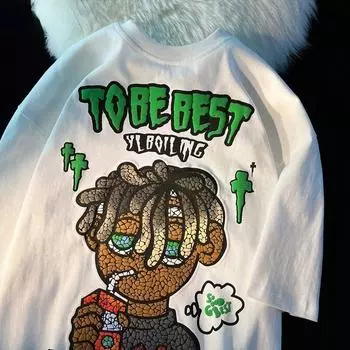 Европейская и американская уличная футболка с мультяшным принтом и короткими рукавами для мужчин и женщин, свободная мода, уличный топ с половиной рукава, чувство дизайна, Harajuku S белый