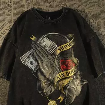 Европейская и американская уличная хип-хоп американская ретро модная брендовая свободная футболка для пары мужская футболка с коротким рукавом XS