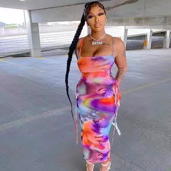 Европейская и американская уличная мода женское платье-комбинация с воротником-стойкой и бретелями, средней и длинной длины с принтом L