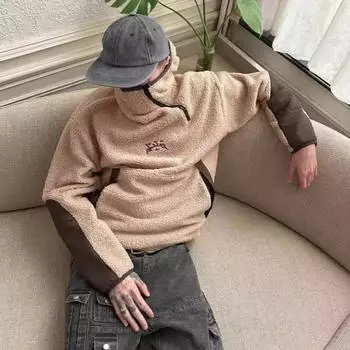 Европейская и американская уличная ретро-мода Y2K, универсальная флисовая теплая толстовка с капюшоном свободного кроя S синий