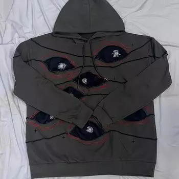 Европейская и американская уличная темная толстовка в стиле ретро Y2k, свободный пуловер с капюшоном и вышивкой в стиле пэчворк M темно серый