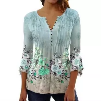Европейская и американская весенне-летняя модная женская футболка с цветочным принтом, V-образным вырезом, короткими рукавами, плиссировкой и пуговицами, с основанием XXXL