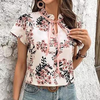 Европейская и американская весенне-летняя рубашка с цветочным принтом и короткими рукавами на шнуровке, повседневная рубашка, модная женская одежда XXL розовый