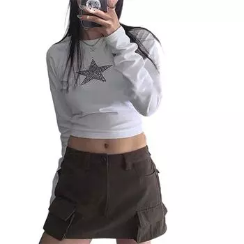 Европейская и американская весенне-осенняя футболка с длинным рукавом со звездами Hot Diamond, облегающий персонализированный короткий топ для женщин XS белый