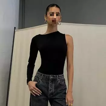 Европейская и американская весенне-осенняя женская одежда, сексуальная пикантная девушка, облегающий однотонный комбинезон на одно плечо с круглым вырезом для женщин S чёрный