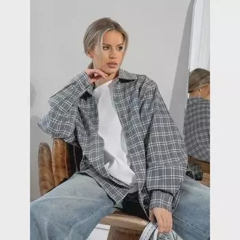 Европейская и американская весенняя мода 2024 года: Женская рубашка свободного покроя с серым лацканом в клетку S