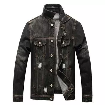 Европейская и американская весна и осень, новая черная рваная джинсовая куртка с боковыми карманами, молодежная однобортная джинсовая куртка свободного покроя из хлопка S чёрный