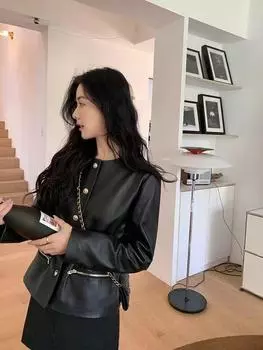 Европейская и американская весна и осень новая короткая кожаная куртка женская куртка модная женская корейская версия тонкая мягкая кожаная верхняя одежда S чёрный