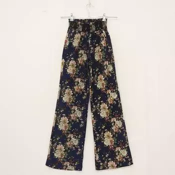 Европейская и американская внешняя торговля Женская одежда Легче всего сочетать Тонкие эластичные С высокой талией Многоцветные цветочные Широкие брюки из хлопка и льна Dark blue yellow flower M