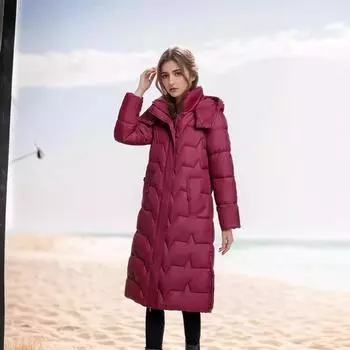 Европейская и американская волнистая сшитая хлопковая утепленная одежда с капюшоном для женщин, зимняя удлиненная выше колена, утолщенная теплая куртка из хлопка L чёрный