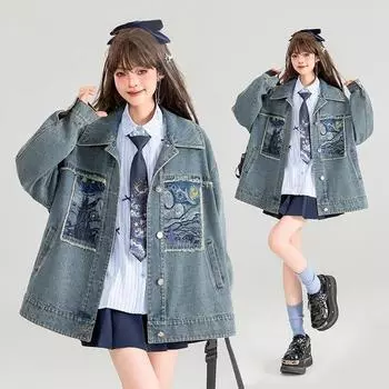 Европейская и американская вышитая джинсовая куртка большого размера женская осенняя новая литературная модель свободная и тонкая куртка верхняя часть S Below 50 kg
