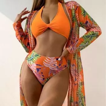 Европейская и американская женская бикини из трех частей с длинными рукавами, верхняя одежда, блузка, купальник S