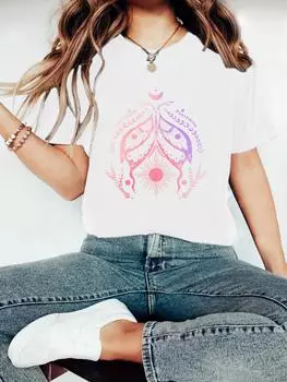 Европейская и американская женская футболка с цветочным принтом, круглым вырезом и короткими рукавами - Летний повседневный модный топ M