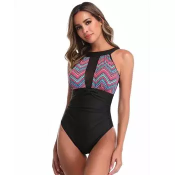 Европейская и американская женская мода Цельный купальник-бикини Монокини с контролем живота Сексуальная сетка Прозрачный купальный костюм с горячими источниками Купальник с принтом S