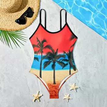 Европейская и американская женская мода, цельный купальник-бикини, монокини с принтом кокосовой пальмы, мягкий купальник, сексуальный купальный костюм с открытой спиной и горячими источниками S
