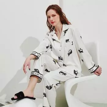 Европейская и американская женская мода для отдыха с длинными рукавами, пижамный комплект с принтом ледяного мультфильма и кота L чёрный