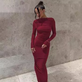 Европейская и американская женская мода осень/зима 2024 года: Сексуальное плиссированное облегающее платье с открытой спиной и длинными рукавами Small чёрный