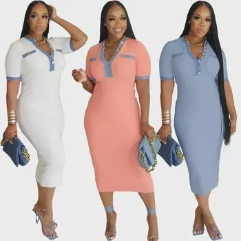 Европейская и американская женская мода: Платье из выстиранного денима в стиле пэчворк с карманами 2XL