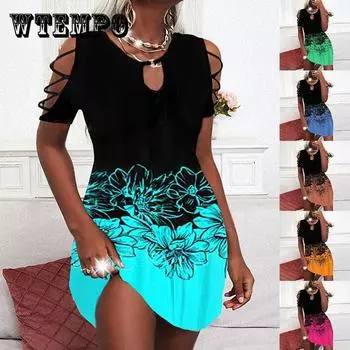 Европейская и американская женская мода с принтом и короткими рукавами, повседневное платье с открытыми плечами и круглым вырезом XXL красный