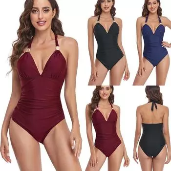 Европейская и американская женская мода, сексуальное однотонное бикини с рюшами, купальный костюм для похудения, монокини с контролем живота, цельный купальный костюм с лямкой на шее и открытой спиной S