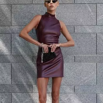 Европейская и американская женская модная узкая мини-юбка из искусственной кожи 2024 года - однотонная, платье для ночного клуба осень/зима Large чёрный