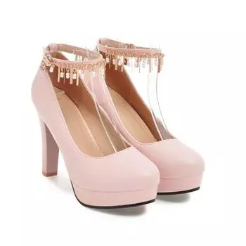 Европейская и американская женская обувь с ремешком-цепочкой из стразов, обувь для весеннего и осеннего сезона с неглубоким носком, модные туфли на одинарной платформе, туфли на высоком каблуке на толстом каблуке 39 белый