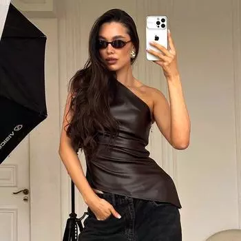 Европейская и американская женская осенняя однотонная футболка без рукавов на одно плечо с застежкой-молнией S