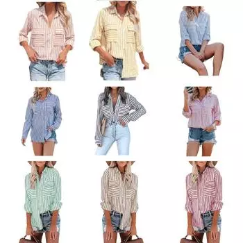 Европейская и американская женская рубашка из льна и хлопка с длинным рукавом в полоску на весну/лето XXL чёрный