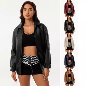 Европейская и модная популярная свободная кожаная куртка женская OVERSIZE женская куртка с длинными рукавами и лацканами весенне-осеннее пальто S чёрный