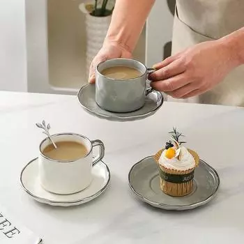 Европейская керамическая кофейная кружка для путешествий, офиса, пара, подарочный набор из чашки и блюдца с ложкой для завтрака, овсянки, йогурта, сока 230 белый