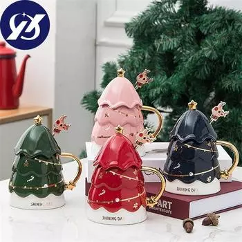 Европейская керамическая кофейная кружка с дизайном рождественской елки с крышкой и ложкой, фарфоровая кружка для молока для пары, милая офисная чашка для чая, посуда для напитков A