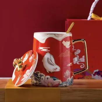 Европейская керамическая кружка для кофе с котом – милая мультяшная чашка для завтрака с молоком, ложкой и крышкой Red