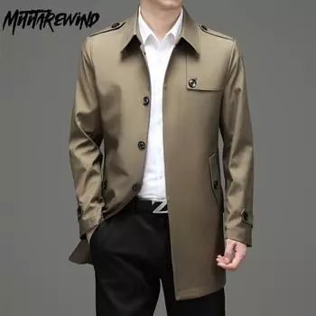 Европейская классическая модная ветровка для мужчин, весна-осень, пальто средней длины с воротником-лацканом, однобортный плащ цвета хаки, деловая ветровка в стиле кэжуал M хаки