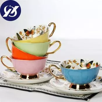 Европейская кофейная чашка Bone Cna, красочная фарфоровая керамическая чашка с бабочкой и блюдцем, британская офисная чайная чашка, посуда для напитков, подарок оранжевый
