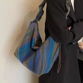 Европейская красивая женская сумка ретро романтическая шерстяная сумка контрастные полосы старая ниша плиссированная женская сумка через плечо большой емкости чёрный