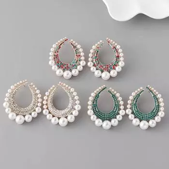 Европейская креативная мода, новые простые универсальные темпераментные геометрические серьги с жемчугом для женщин, серьги из сплава с бриллиантами зелёный