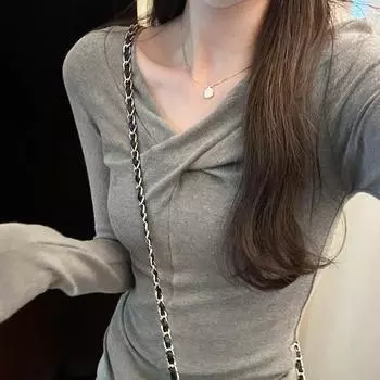 Европейская маленькая рубашка розовая футболка с крестом и V-образным вырезом женская осенне-зимняя новая универсальная шикарная тонкая майка с длинными рукавами S