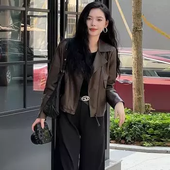 Европейская модная кожаная куртка женская популярная весна и осень короткая куртка из искусственной кожи маленькая повседневная мотоциклетная одежда M