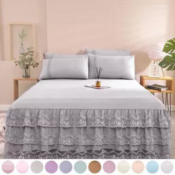 Европейская мягкая и удобная юбка-кровать для спальни, однотонная юбка-кровать с рюшами, постельное белье, 12 цветов в наличии(Без наволочек) Pillowcase синий