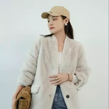 Европейская норковая шуба из искусственного норкового меха, женское цельное пальто из композитного меха с v-образным вырезом средней длины, зимнее L