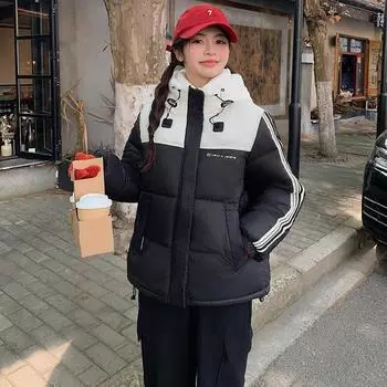 Европейская одежда из хлопка с подобранными цветами, утолщенная одежда с капюшоном, женская зимняя новая одежда с контрастными буквами, толстые куртки M чёрный