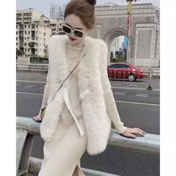 Европейская осень и зима новый длинный жилет женственная верхняя одежда мех интегрированный искусственный мех куртка свободный кардиган жилет S 95 белый