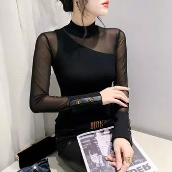 Европейская осенне-зимняя футболка с длинным рукавом и высоким воротником в сетку с тонкими вставками для женщин XL