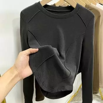 Европейская осенне-зимняя рубашка с начесом и утолщенной подкладкой, женская футболка с длинным рукавом и правым плечом, женский тонкий бархатный топ узкого кроя S