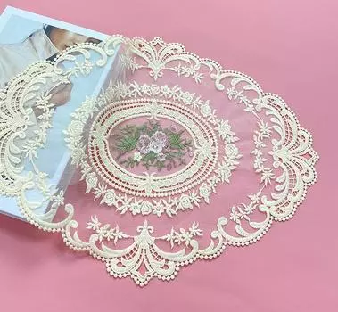 Европейская овальная кружевная вышитая подставка для спальни, кабинета, кухонной чашки, коврик для стола, чехол для тарелки с фруктами, ткань, рождественское украшение Size: 28CM*28CM коричневый