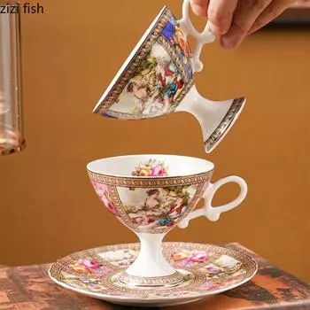 Европейская ретро керамическая кружка Кофейная чашка с блюдцем Высокая ножка Цветочные чайные чашки Послеобеденная кружка Чашка для воды Чашки для завтрака Молочная кружка 101-200ml зелёный