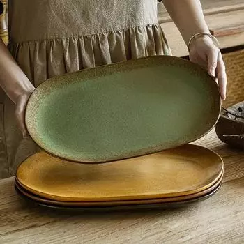 Европейская ретро керамическая овальная тарелка для дома креативная длинная овощная тарелка термостойкая посуда для приготовления рыбы на пару 14 inches жёлтый