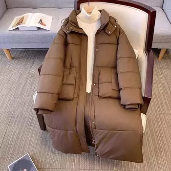 Европейская средняя и длинная пуховая хлопковая одежда женская зимняя новая свободная утолщенная наколенники теплая куртка M темно-коричневого