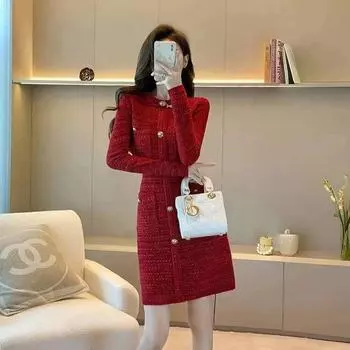 Европейская станция 2024 Осень и Зима Нарядное платье в западном стиле, облегающее, базовое трикотажное платье, красное, классического стиля, женское Red S