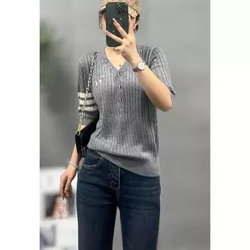 Европейская станция Британский стиль V-образный вырез Шерстяная футболка с рукавом до локтя